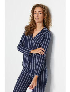 Trendyol Indigo 100% Cotton Striped Shirt-Pants Knitted Pajamas Set