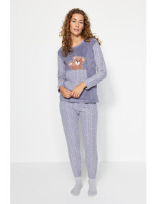 Trendyol Smoked Wellsoft Teddy Bear Patterned Tshirt-Pants and Knitted Pajamas Set