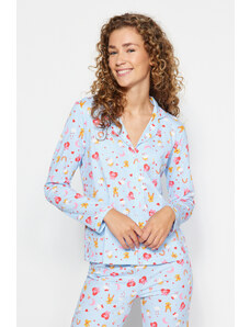 Trendyol Blue 100% Cotton Shirt-Pants Knitted Pajamas Set