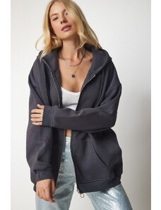 Happiness İstanbul Women's Anthracite Hooded Zipper Oversize Sweatshirt