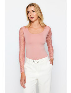 Trendyol Pale Pink Square Neck Lace Sleeve Knitted Bodysuit