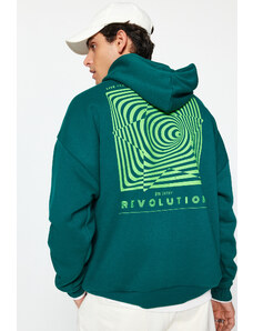 Trendyol Dark Green Oversize/Wide-Fit Maze Printed Fleece Inside Cotton Sweatshirt