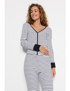 Trendyol Black-White Striped Cotton Tshirt-Jogger Knitted Pajama Set with Cuff and Piping Detail