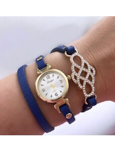Dámské modré páskové hodiny s kamínkovým doplňkem