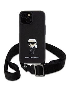 Guess Ochranný kryt s crossbody popruhem pro iPhone 15 PLUS - Karl Lagerfeld, Saffiano Metal Ikonik Black