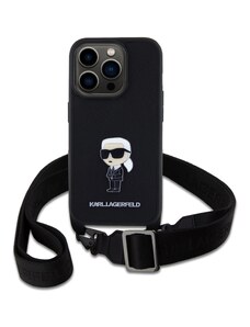 Guess Ochranný kryt s crossbody popruhem pro iPhone 15 Pro - Karl Lagerfeld, Saffiano Metal Ikonik Black