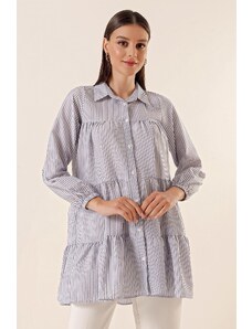 By Saygı Tiered Striped See-through Tunic Shirt Blue