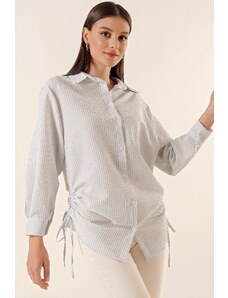 By Saygı Longitudinal Stripe with Drawstrings at the side seersucker Tunic Shirt Baby Blue