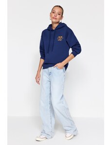 Trendyol Navy Blue Regular/Normal Fit Embroidered Hooded Fleece Inside Knitted Sweatshirt