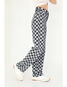 BİKELİFE Black Checkerboard Patterned High Waist Wide Leg Jeans