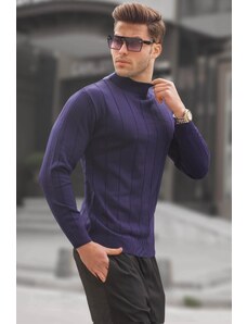 Madmext Navy Blue Slim Fit Half Turtleneck Striped Anti-Pilling Men's Knitwear Sweater 6344