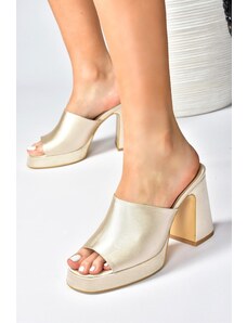 Fox Shoes Beige Satin Fabric Women's Thick Heeled Slippers