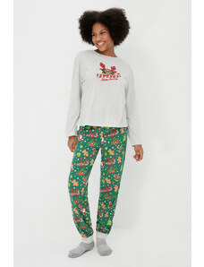 Trendyol Gray Melange 100% Cotton Christmas Theme T-shirt-Pants and Knitted Pajamas Set
