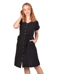 Černé šaty s krátkým rukávem, midi délka, kapsy, propínací s páskem S/M , Nepál , 100% bavlna