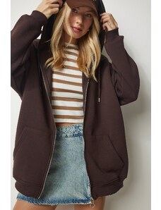 Happiness İstanbul Women's Brown Hooded Zipper Oversize Sweatshirt