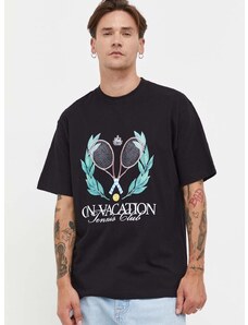 Bavlněné tričko On Vacation černá barva, s potiskem