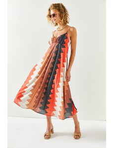 Olalook Dámské oranžové páskové vzorované midi šaty