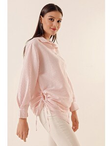 By Saygı Longitudinal Striped Side Drawstring Seer and Tunic Shirt Pink