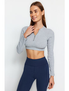 Trendyol Gray Melange Ribbed and Zipper Detailed Yoga Knitted Sports Top/Blouse