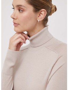 Vlněný svetr Calvin Klein dámský, béžová barva, lehký, s golfem