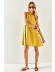 Olalook Dámské žluté lněné šaty bez rukávů A-Line