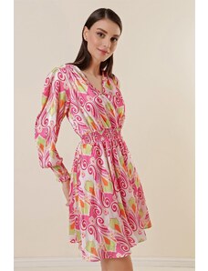 By Saygı Double-breasted Collar Lined Mixed Patterned Gipeli Satin Dress Pink