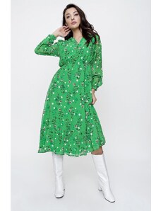 By Saygı Zelené šifonové šaty s polovičním knoflíkem vpředu elastický pas lemovaný květinové šifonové šaty