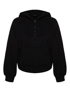 Trendyol Black Hooded Zipper Comfort Fit Crop Fleece Inner Knitted Sweatshirt