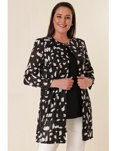 By Saygı New Sleeve Lycra Undershirt Satin Striped Patterned Chiffon Jacket Large Size 2-Piece Set Black