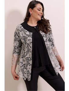 By Saygı 2-Piece Set Gray Inner Lycra Blouse Brooch Lace Jacket Plus Size