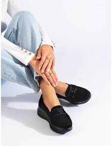 Black suede women's loafers with Shelvt buckle