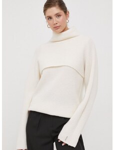 Vlněný svetr Calvin Klein dámský, béžová barva, hřejivý, s golfem