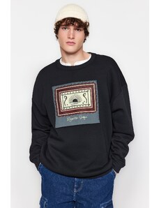 Trendyol Black Oversize/Wide-Fit Crew Neck Long Sleeve Ethnic Appliqued Sweatshirt