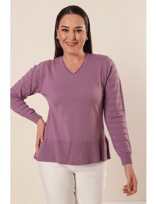 By Saygı Lilac V-Neck rukávy Vzorovaný akrylový svetr nadměrné velikosti s bočními rozparky