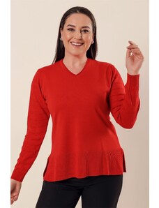 By Saygı V Neck Sleeve Patterned Plus Size Acrylic Sweater with Slits in the Sides Coral