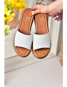 Fox Shoes White Genuine Leather Thick Banded Knitted Model Daily Women's Slippers