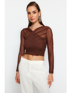 Trendyol Brown Draped Tulle Bodysuit