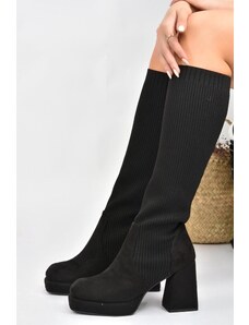 Fox Shoes Women's Black Suede Platform Heeled Knitwear Boots