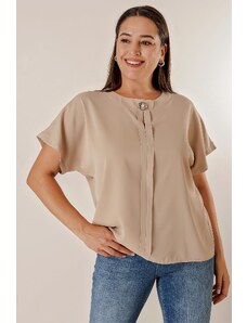 By Saygı Plus Size Chiffon blouse with a brooch collar and a fly down the front. Short Bat Sleeves.