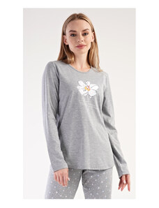 Vienetta Secret Dámské pyžamo dlouhé Květ, barva šedá, 70% bavlna 30% polyester
