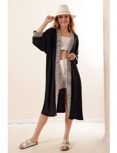 Bigdart 05865 Embroidered Knitted Long Kimono - Black