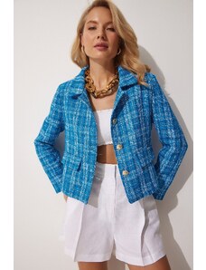 Happiness İstanbul Women's Blue Gold Buttoned Crop Tweed Jacket