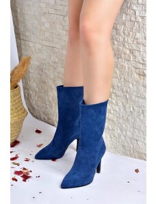 Fox Shoes Navy Blue Suede Thin Heeled Women's Boots