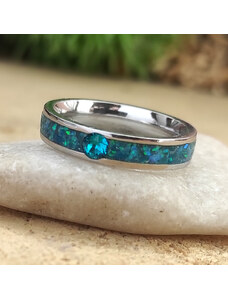 Woodlife Ocelový prsten s modrým opálem a achátem