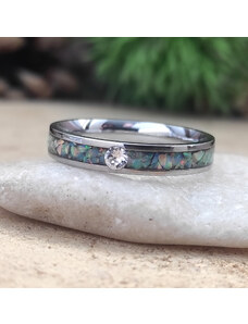 Woodlife Ocelový prsten s bílým opálem a swarovski