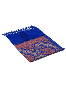 Pranita Kašmírská vlněná šála vyšívaná hedvábím modrá s hnědou