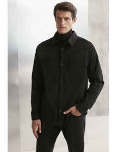 GRIMELANGE Outside Men's Woven Thick Textured Black Shirt with Washed Pocket