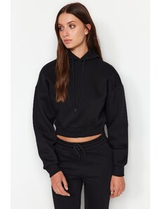 Trendyol Black Thick Fleece Inner Hoodie. Relaxed-Cut Crop Basic Knitted Sweatshirt