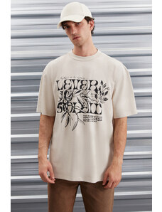 GRIMELANGE Trae Men's Regular Fit 100% Cotton Printed Beige T-shirt