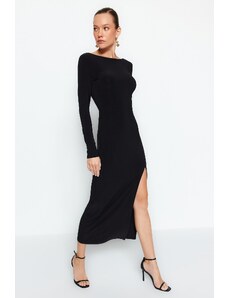 Trendyol Black Boat Neck Backless Slit Fitted Maxi Flexible Knitted Dress